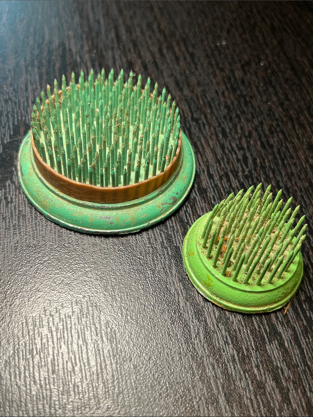 2 Vintage Green Metal Flower Arranging Flower Frog Spike Display Note Holder